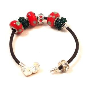 925 Sterling Silver Euro style Bracelet Leather strap Red Black Beads marked 925